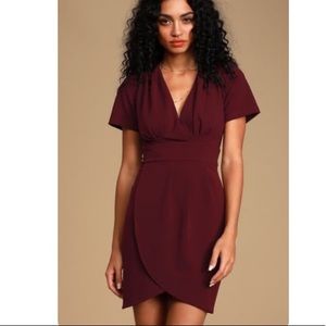 Lulus Maroon Faux Wrap Tulip Hem Dress